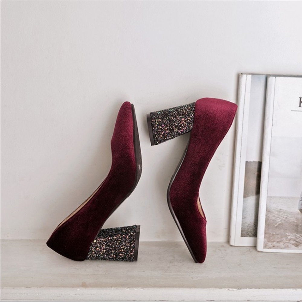 Velvet Chunky Sparkly Heels - Picture 4 of 8